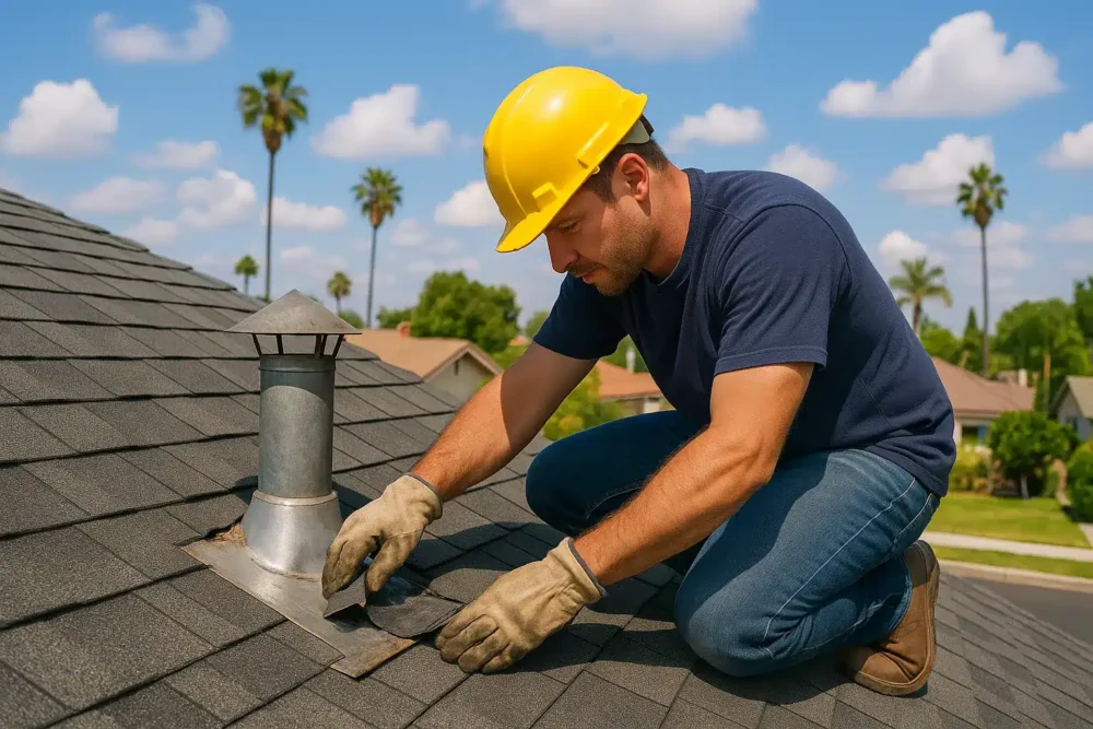 a man repairing the flashing on a roof vent