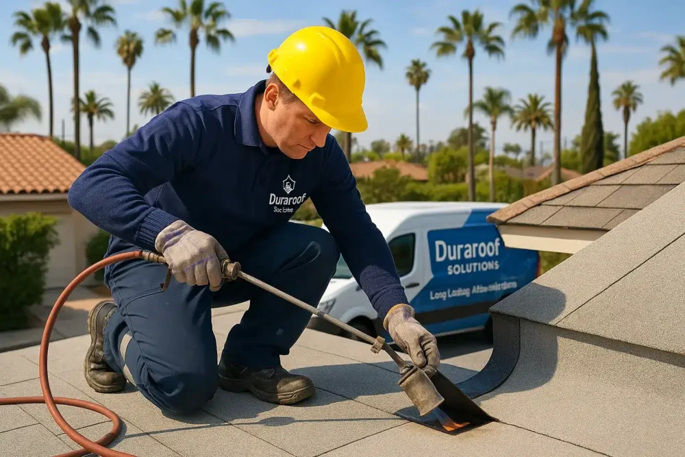 Worker repairing a roof with torch on a roof in los angeles with a company van and palm trees in the back